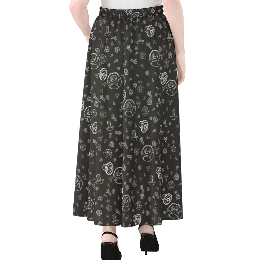 Mechanic Nuts and Bolts Pattern Print Chiffon Maxi Skirt