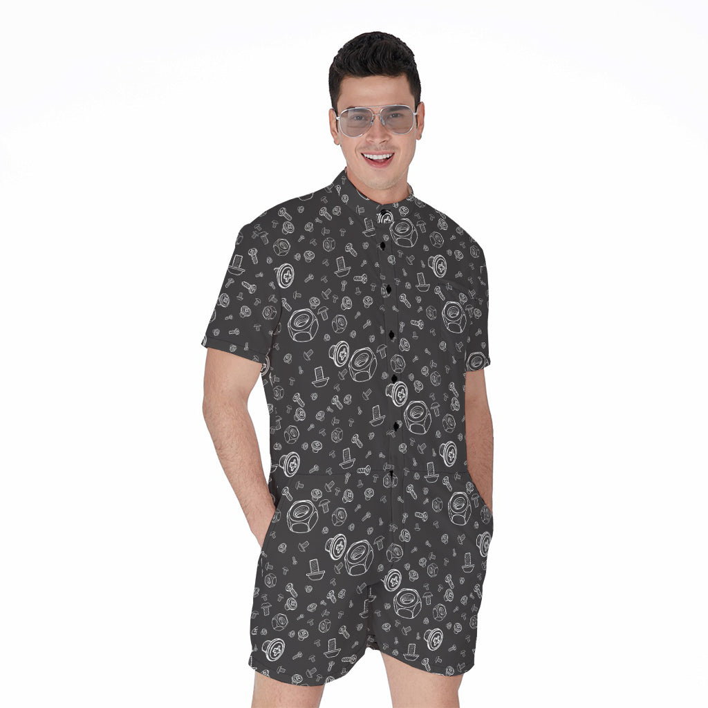 Mechanic Nuts and Bolts Pattern Print Men's Rompers