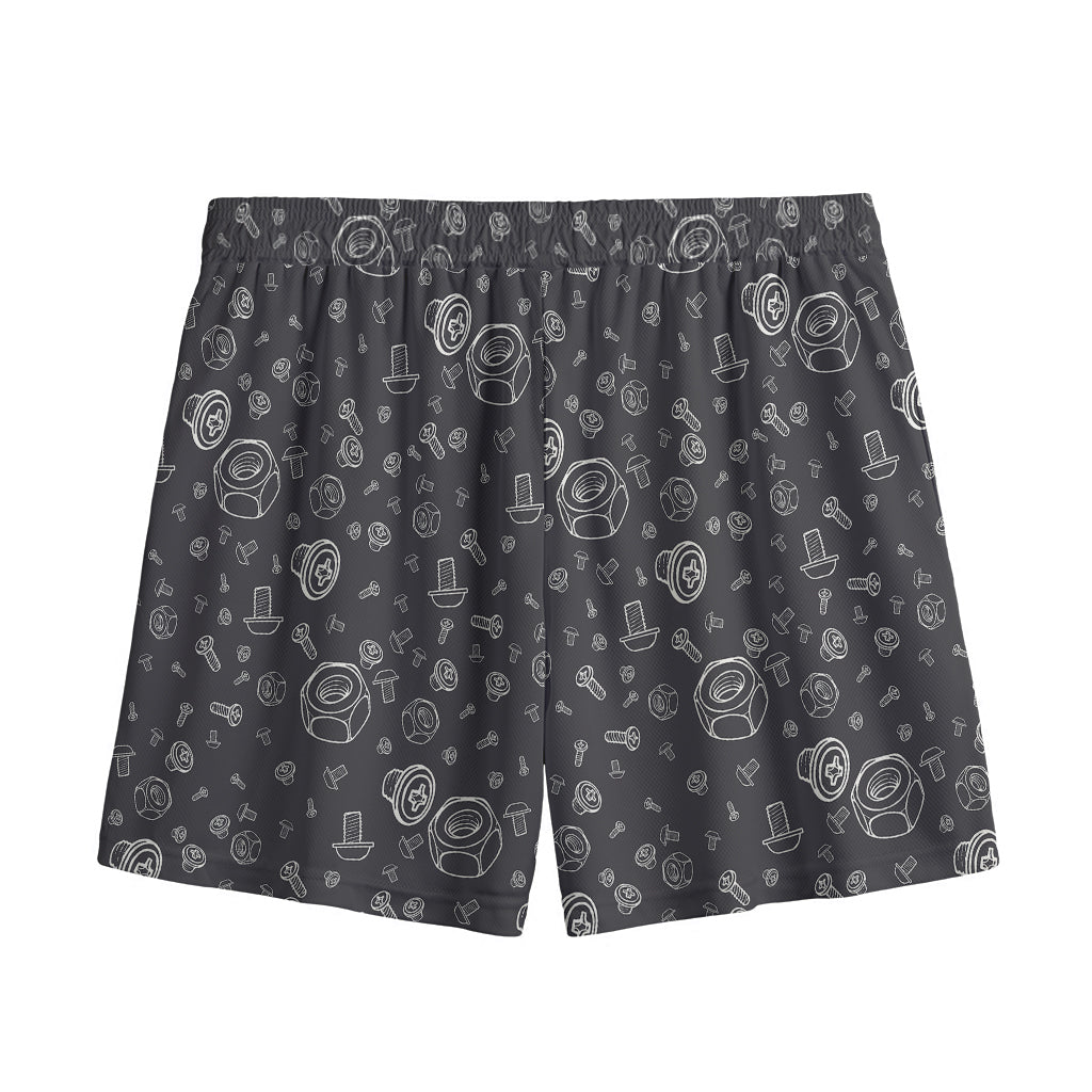 Mechanic Nuts and Bolts Pattern Print Mesh Shorts