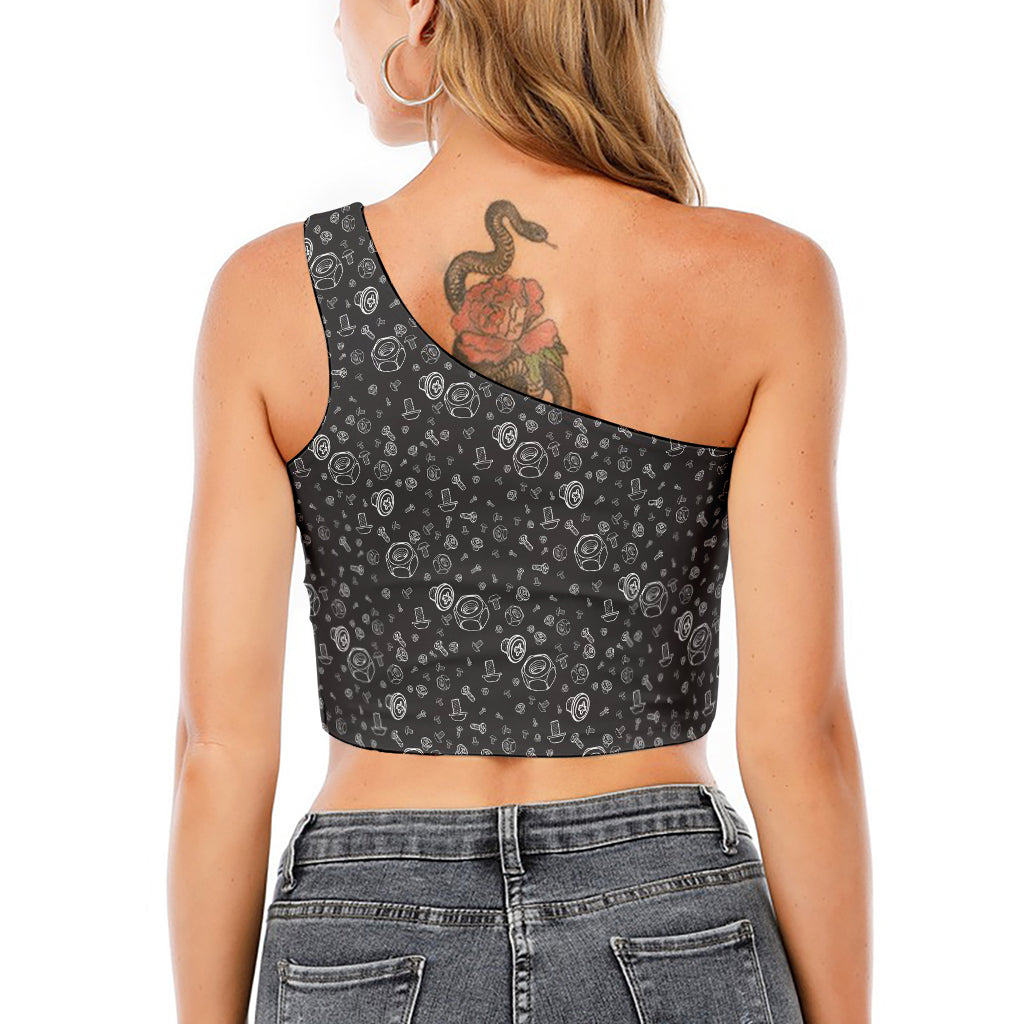 Mechanic Nuts and Bolts Pattern Print One Shoulder Crop Top