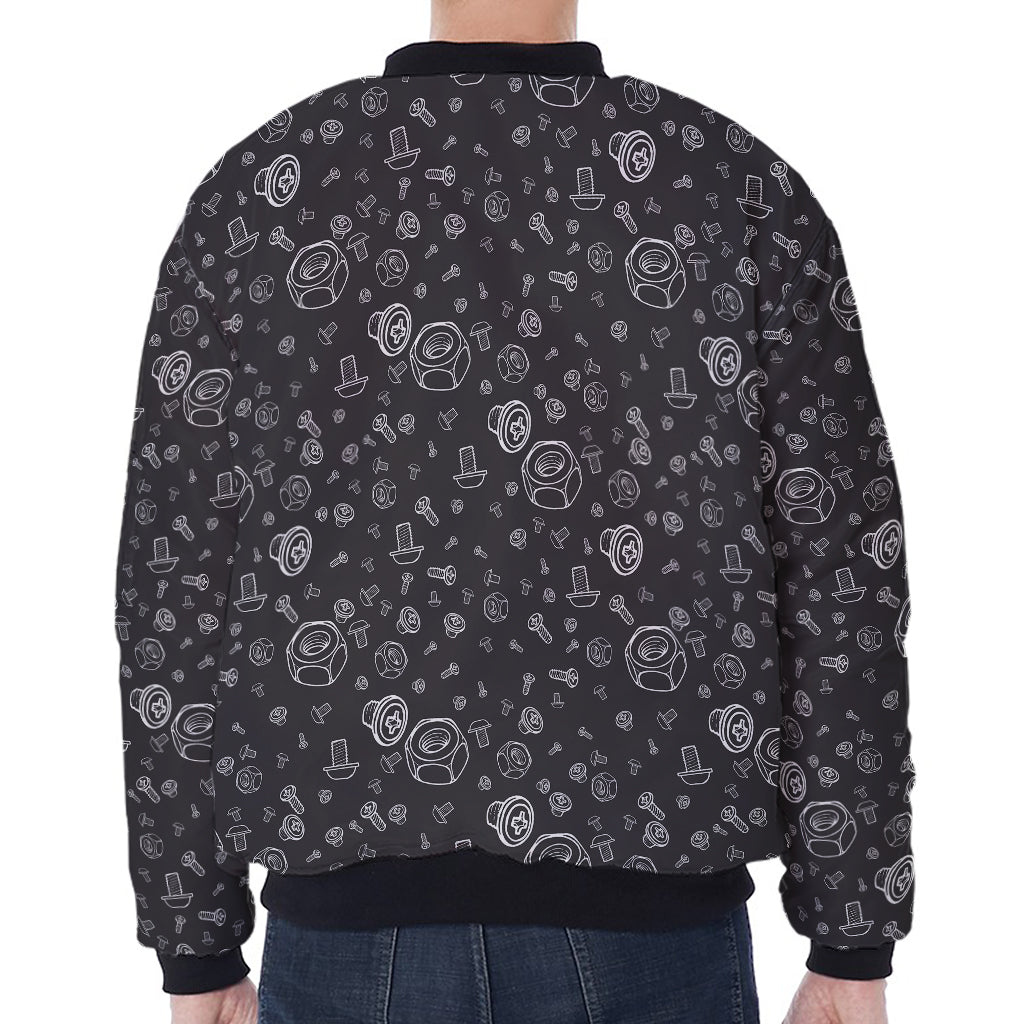 Mechanic Nuts and Bolts Pattern Print Zip Sleeve Bomber Jacket