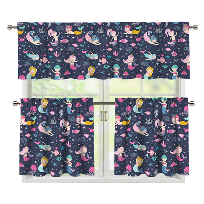 Mermaid Cartoon Pattern Print 3 Piece Kitchen Curtains