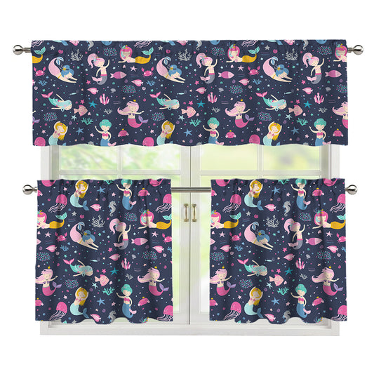 Mermaid Cartoon Pattern Print 3 Piece Kitchen Curtains