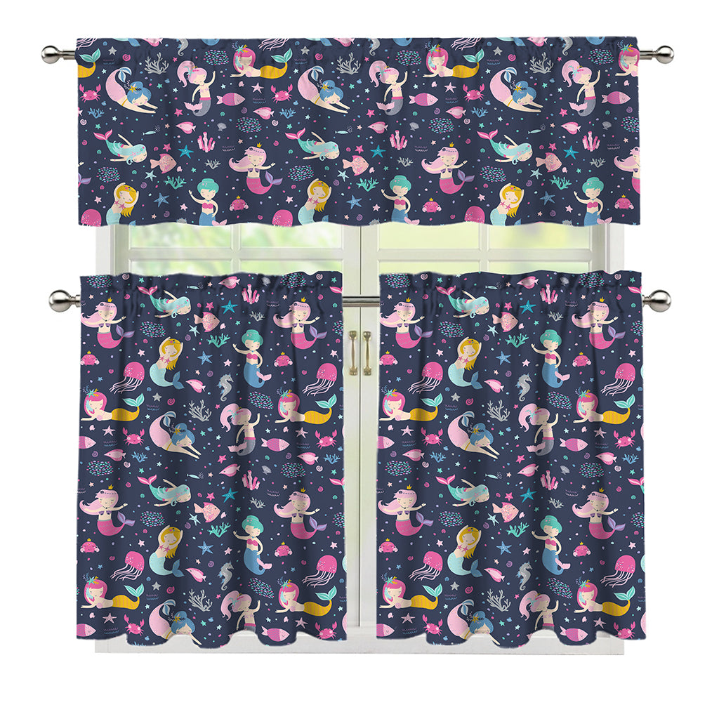 Mermaid Cartoon Pattern Print 3 Piece Kitchen Curtains