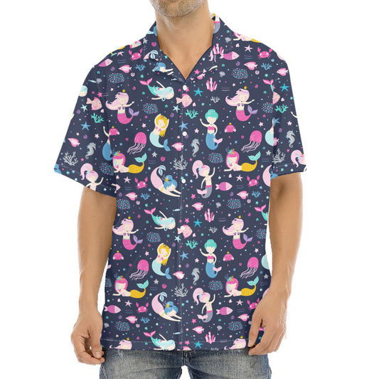 Mermaid Cartoon Pattern Print Aloha Shirt