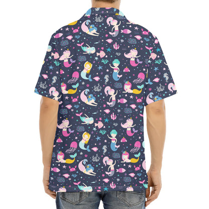 Mermaid Cartoon Pattern Print Aloha Shirt