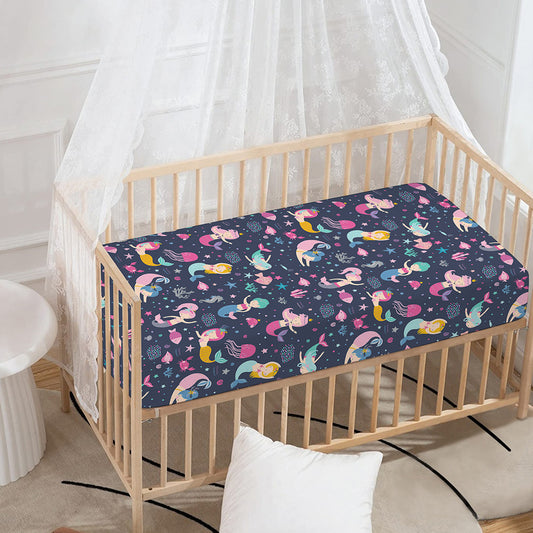 Mermaid Cartoon Pattern Print Baby Crib Sheet