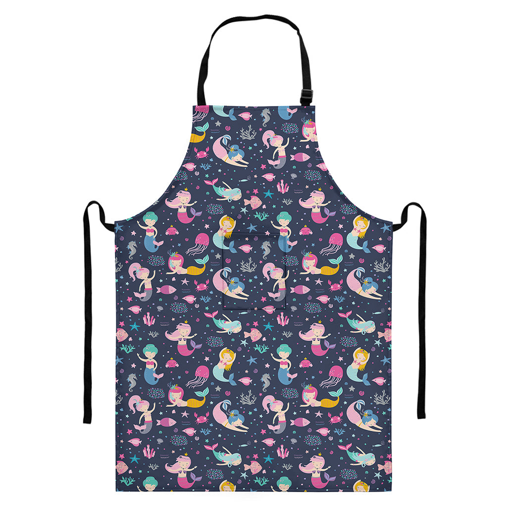 Mermaid Cartoon Pattern Print Bib Apron With Pocket