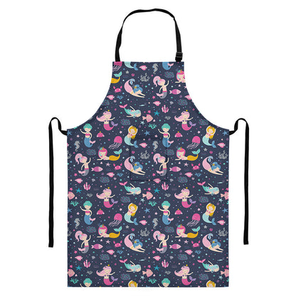 Mermaid Cartoon Pattern Print Bib Apron With Pocket