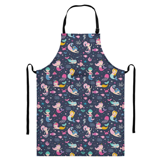 Mermaid Cartoon Pattern Print Bib Apron With Pocket