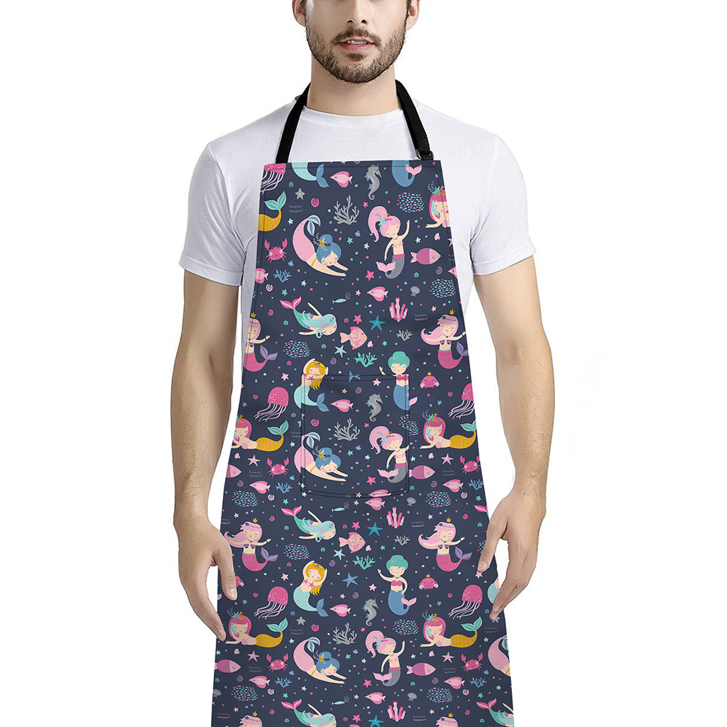 Mermaid Cartoon Pattern Print Bib Apron With Pocket