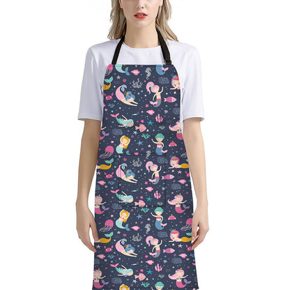Mermaid Cartoon Pattern Print Bib Apron With Pocket