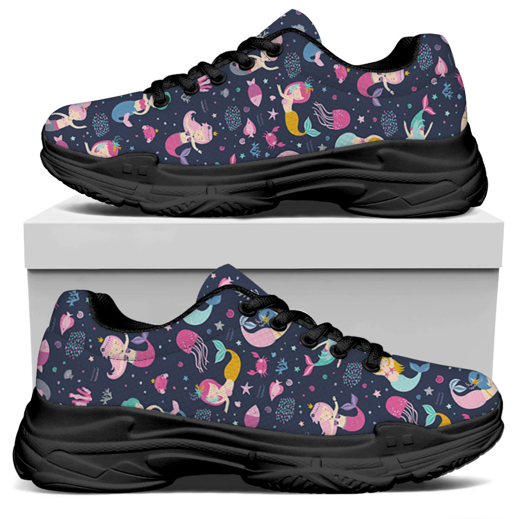 Mermaid Cartoon Pattern Print Black Chunky Shoes