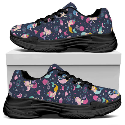 Mermaid Cartoon Pattern Print Black Chunky Shoes