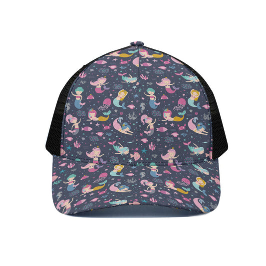 Mermaid Cartoon Pattern Print Black Mesh Trucker Cap
