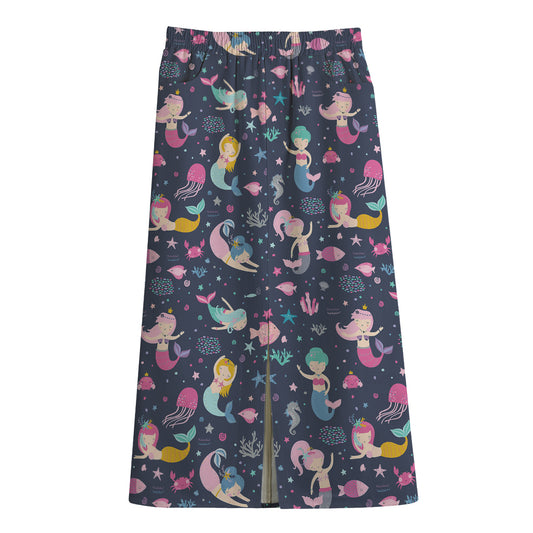 Mermaid Cartoon Pattern Print Cotton Front Slit Maxi Skirt