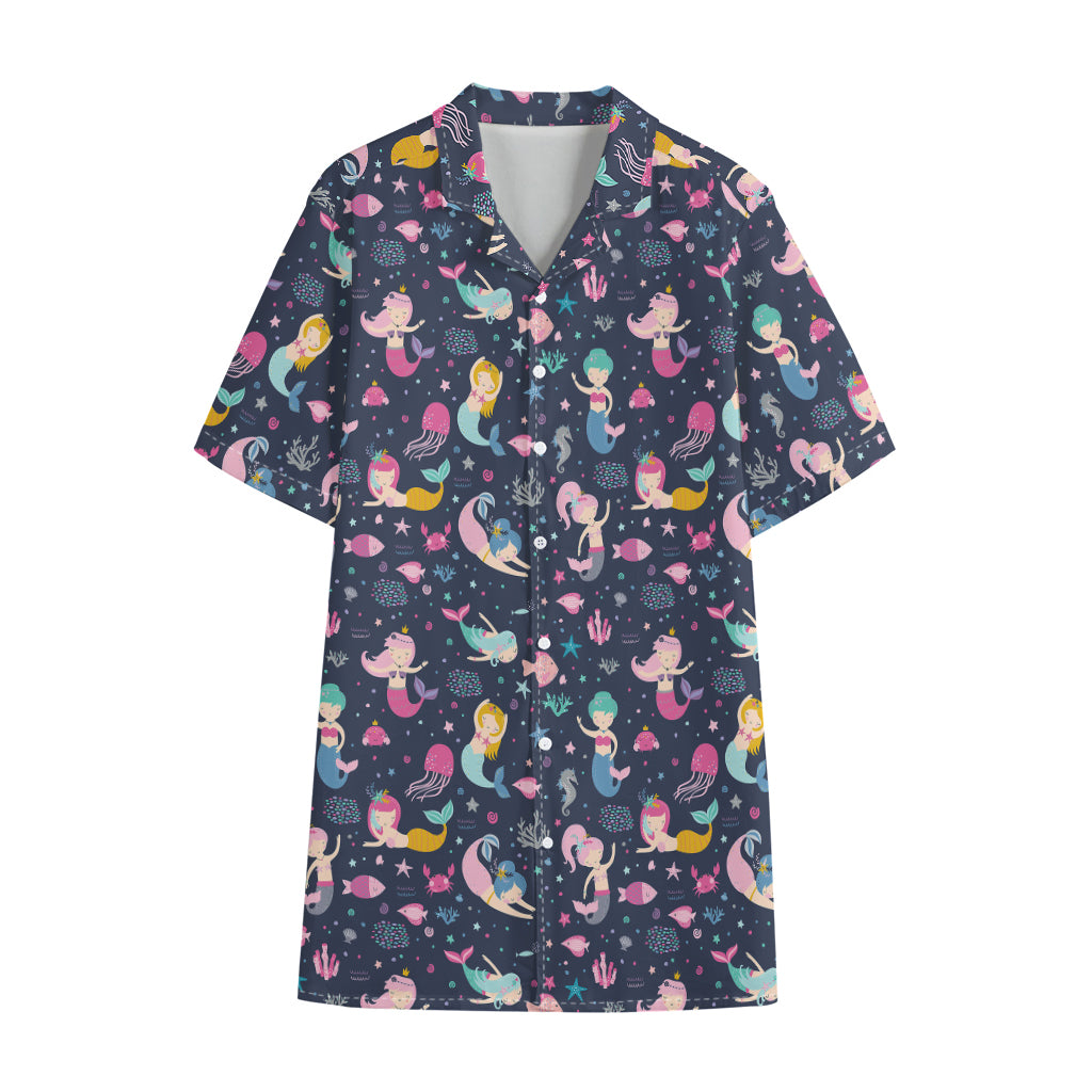 Mermaid Cartoon Pattern Print Cotton Hawaiian Shirt