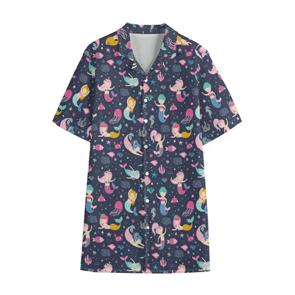 Mermaid Cartoon Pattern Print Cotton Hawaiian Shirt