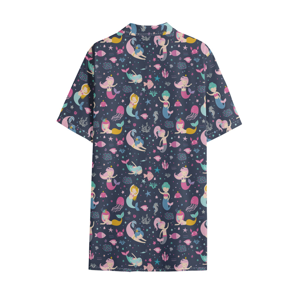 Mermaid Cartoon Pattern Print Cotton Hawaiian Shirt