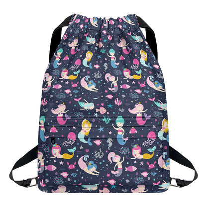 Mermaid Cartoon Pattern Print Drawstring Backpack