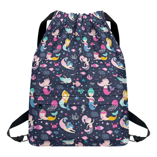 Mermaid Cartoon Pattern Print Drawstring Backpack
