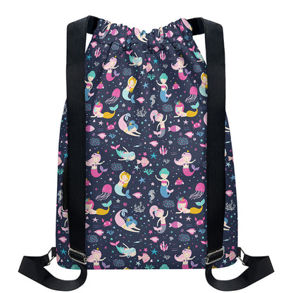 Mermaid Cartoon Pattern Print Drawstring Backpack
