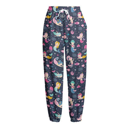 Mermaid Cartoon Pattern Print Fleece Lined Knit Pants