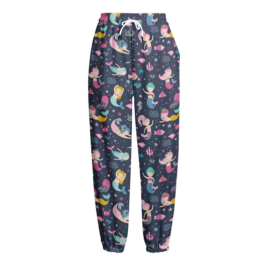 Mermaid Cartoon Pattern Print Fleece Lined Knit Pants