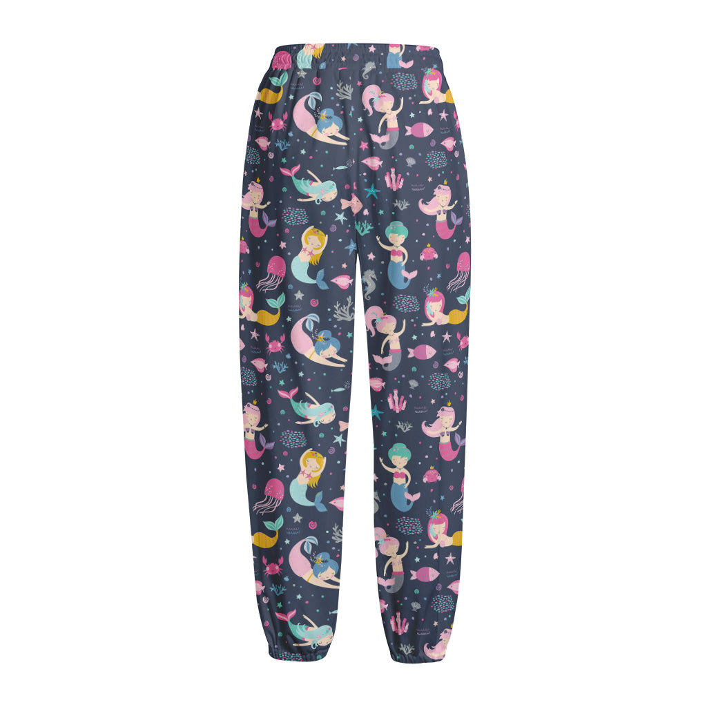 Mermaid Cartoon Pattern Print Fleece Lined Knit Pants