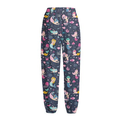 Mermaid Cartoon Pattern Print Fleece Lined Knit Pants