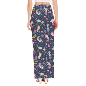 Mermaid Cartoon Pattern Print High Slit Maxi Skirt