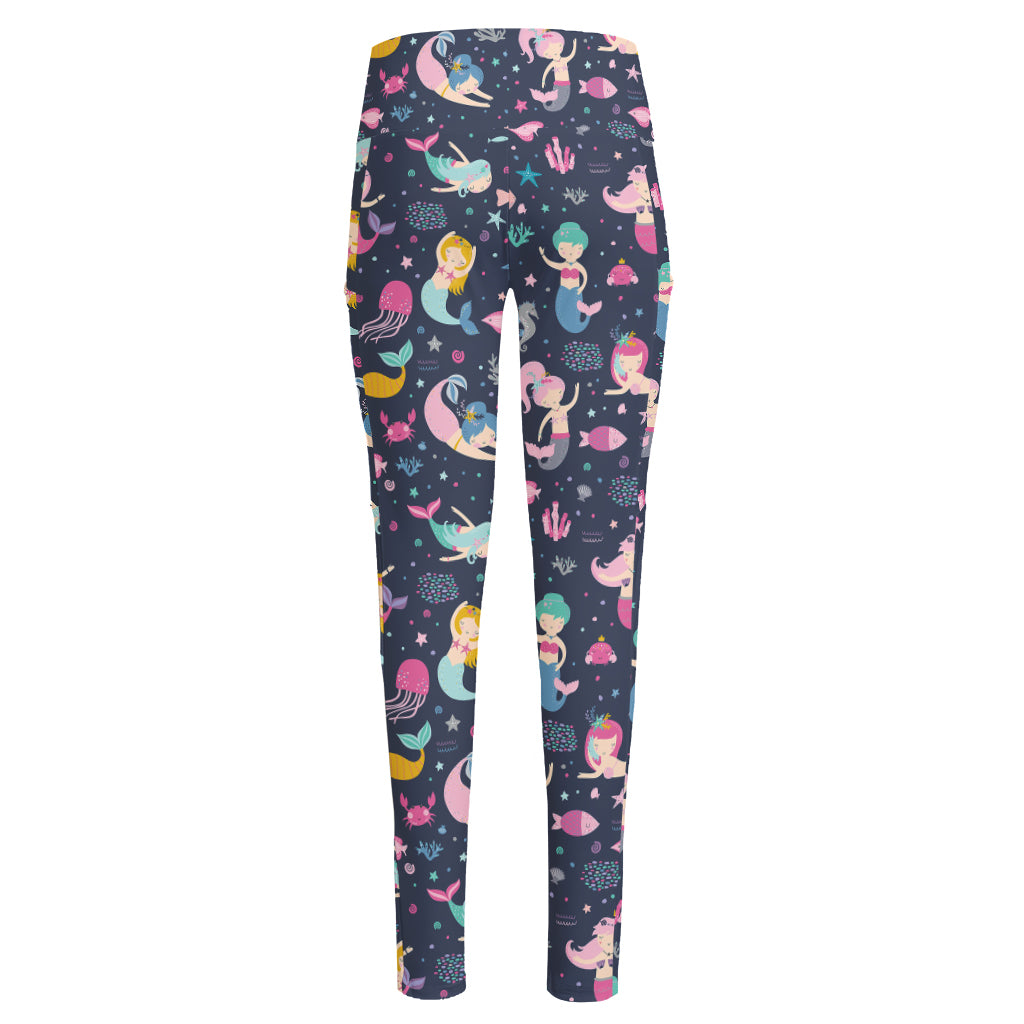 Mermaid Cartoon Pattern Print High-Waisted Pocket Leggings