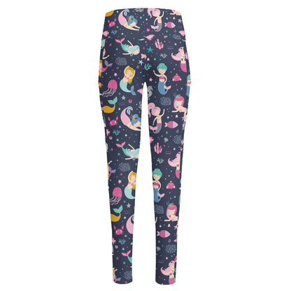 Mermaid Cartoon Pattern Print High-Waisted Pocket Leggings