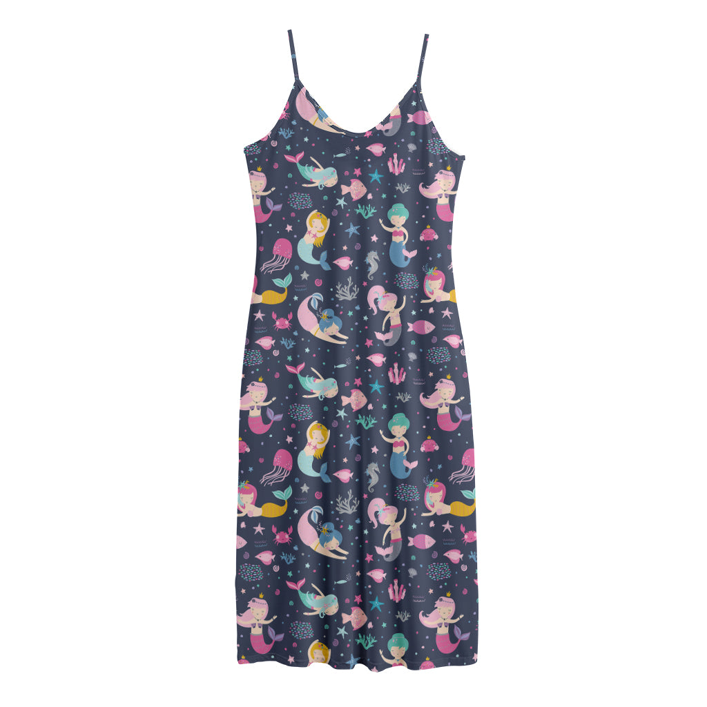Mermaid Cartoon Pattern Print Jersey Midi Cami Dress