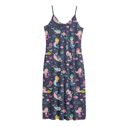 Mermaid Cartoon Pattern Print Jersey Midi Cami Dress
