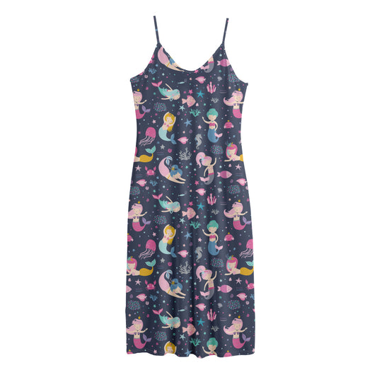 Mermaid Cartoon Pattern Print Jersey Midi Cami Dress