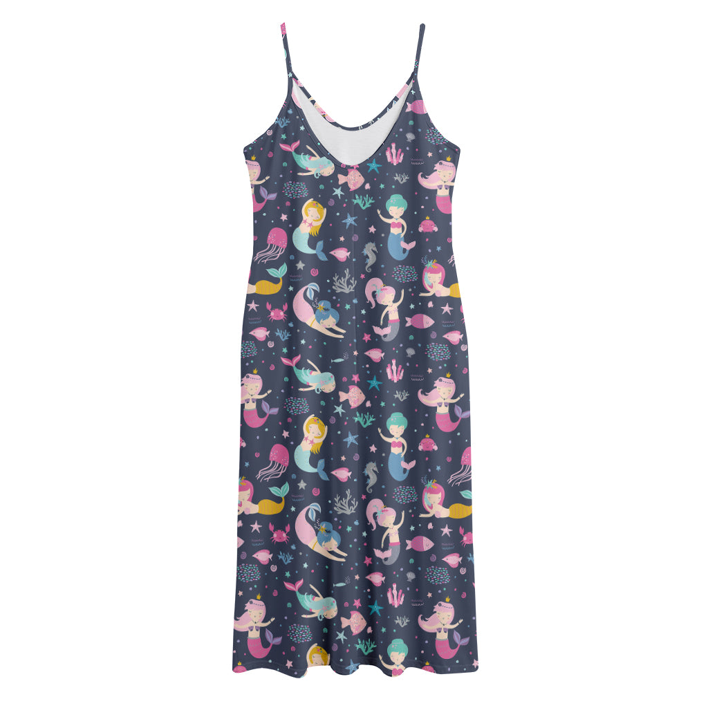 Mermaid Cartoon Pattern Print Jersey Midi Cami Dress