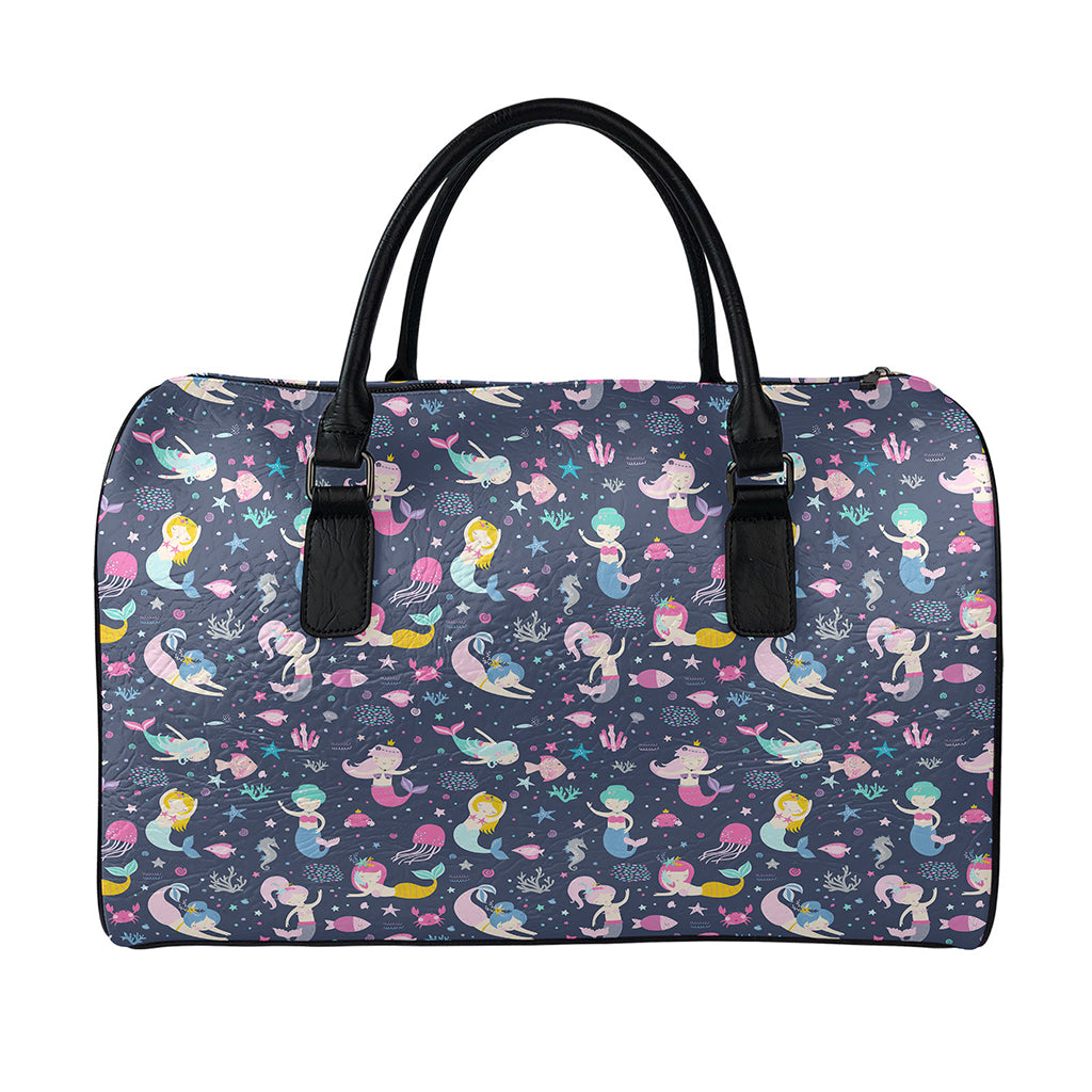 Mermaid Cartoon Pattern Print Leather Duffle Bag