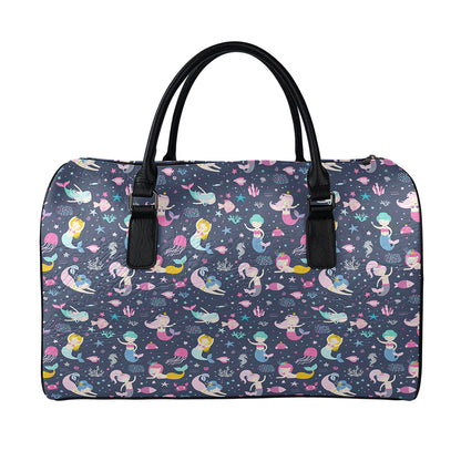 Mermaid Cartoon Pattern Print Leather Duffle Bag