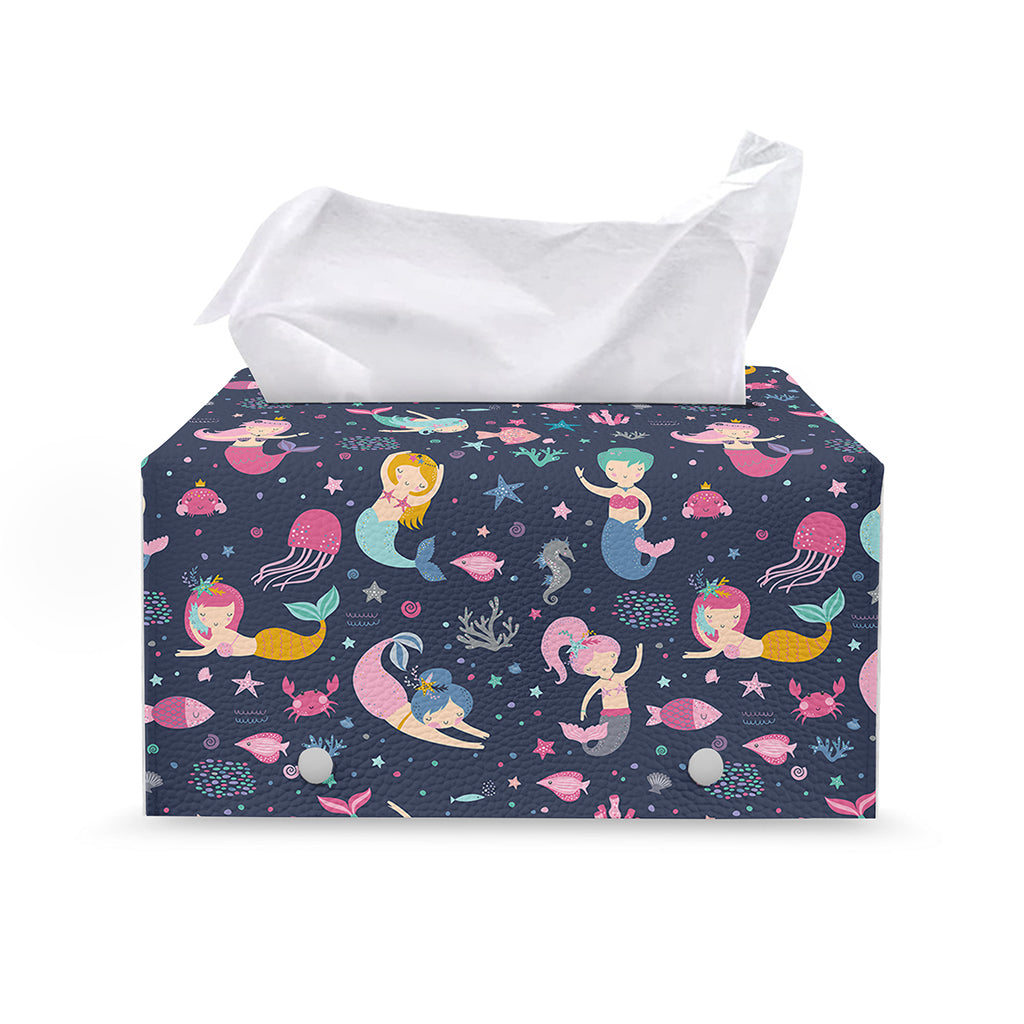 Mermaid Cartoon Pattern Print Leather Tissue Box Cover