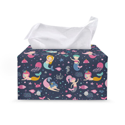 Mermaid Cartoon Pattern Print Leather Tissue Box Cover