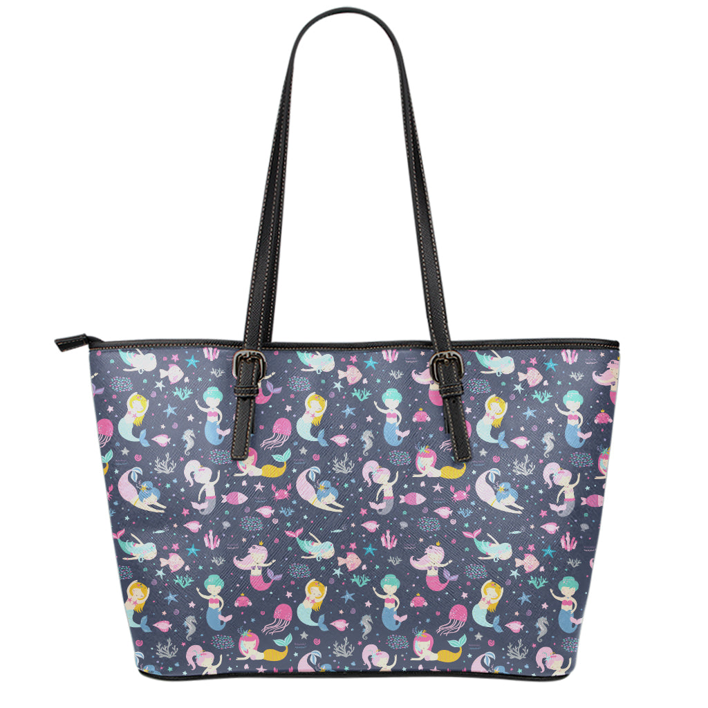 Mermaid Cartoon Pattern Print Leather Tote Bag