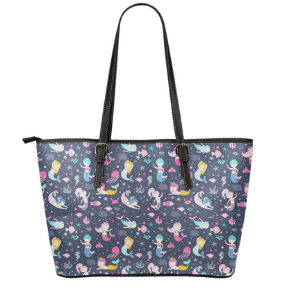 Mermaid Cartoon Pattern Print Leather Tote Bag