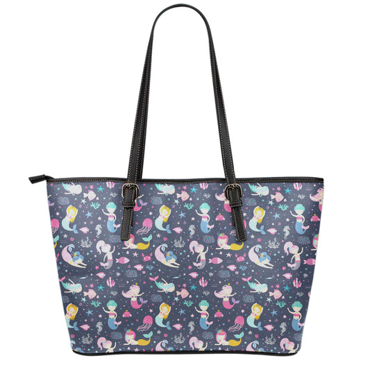 Mermaid Cartoon Pattern Print Leather Tote Bag