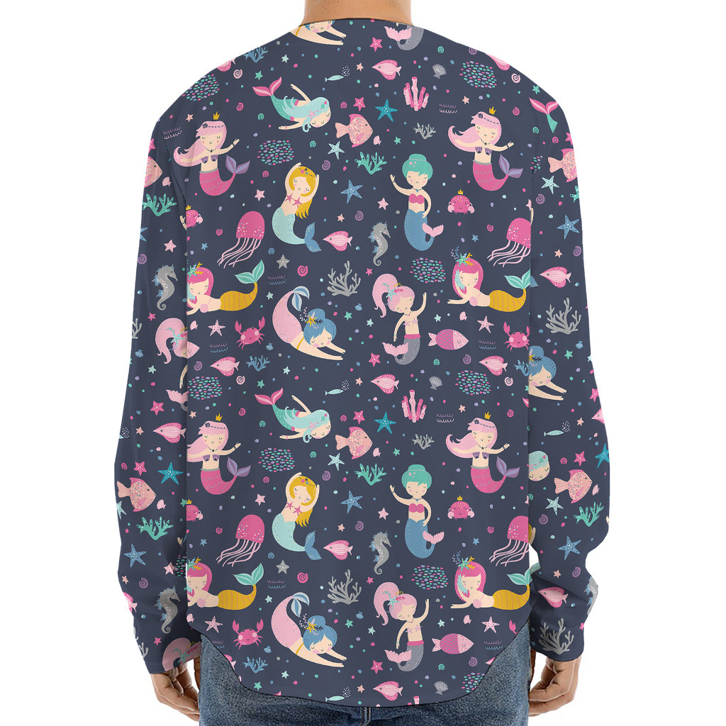 Mermaid Cartoon Pattern Print Long Sleeve Baseball Jersey