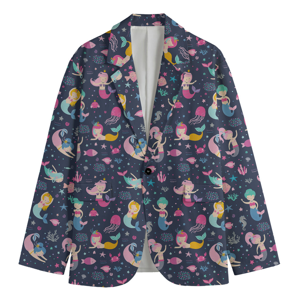 Mermaid Cartoon Pattern Print Men's Cotton Blazer