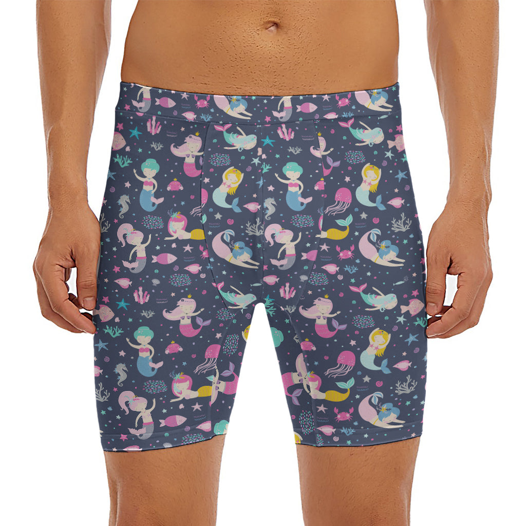 Mermaid Cartoon Pattern Print Men's Long Boxer Briefs