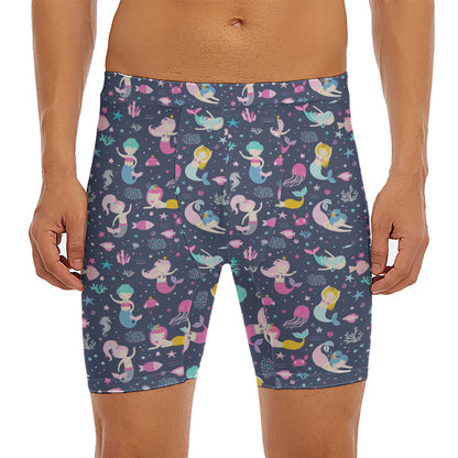 Mermaid Cartoon Pattern Print Men's Long Boxer Briefs