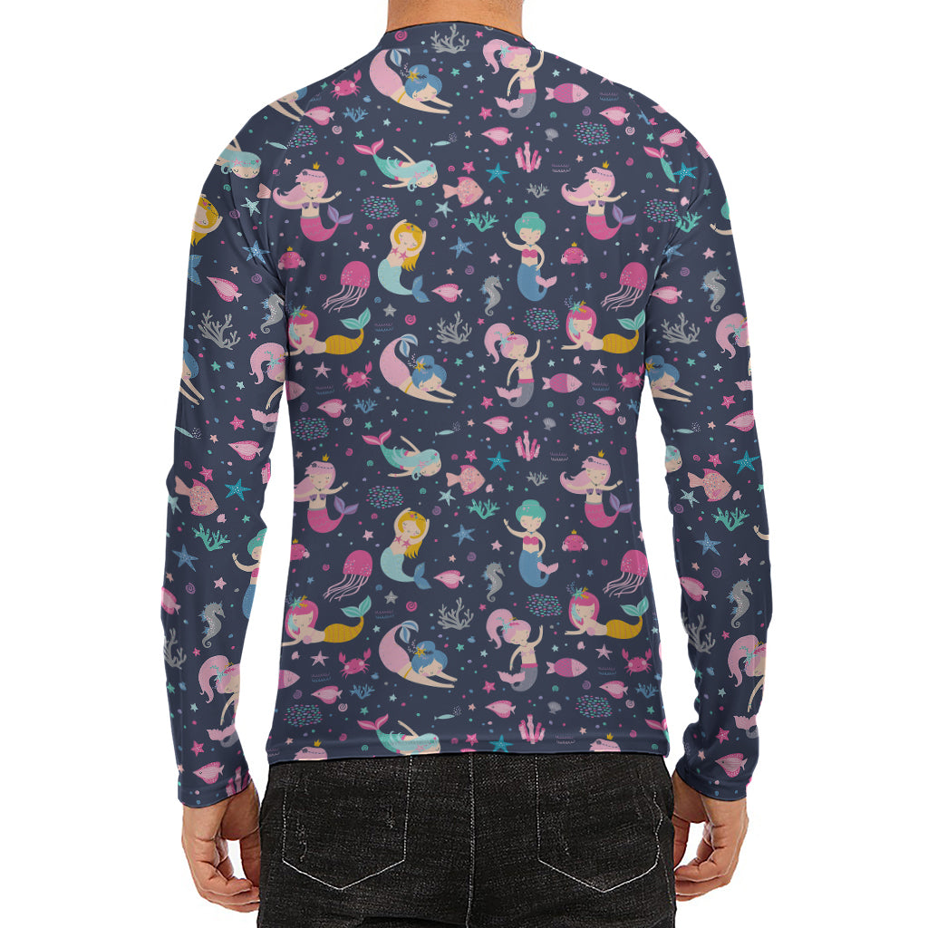 Mermaid Cartoon Pattern Print Men's Long Sleeve Rash Guard