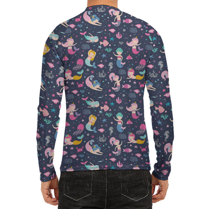 Mermaid Cartoon Pattern Print Men's Long Sleeve Rash Guard
